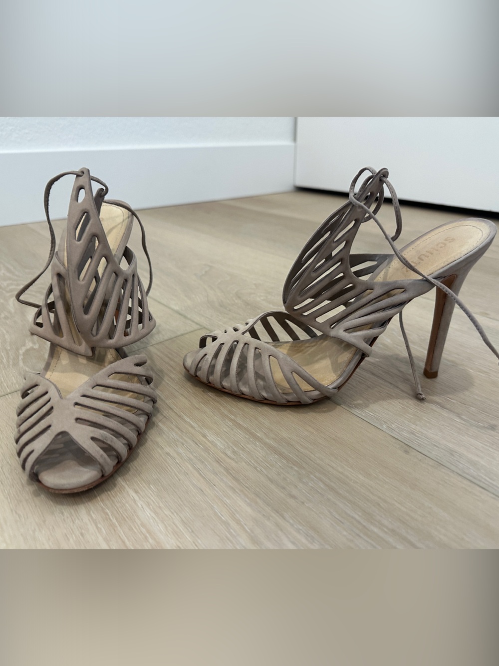 SCHUTZ Taupe Suede Cutout Lace-Up Stiletto Sandals